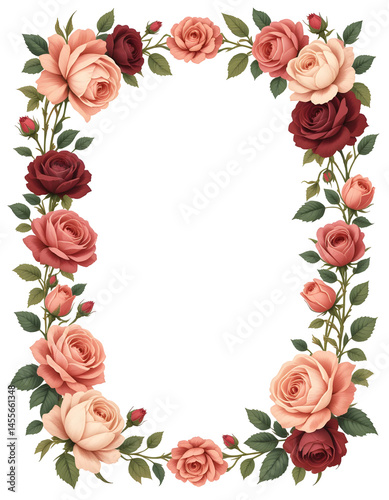 Beautiful Rose Frame Border with Copy Space PNG on Transparent Background, for Floral Design, Romantic Themes, Invitations, Weddings, Valentine’s Day, and Decorative Concepts Designs