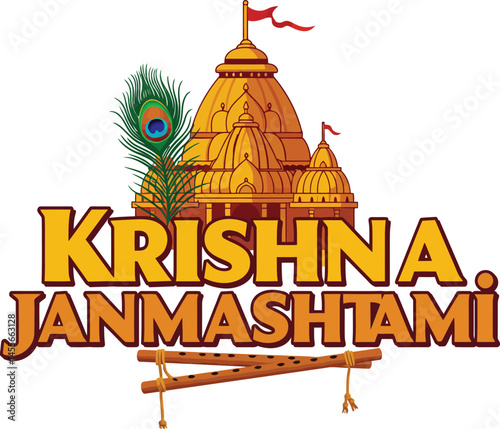 Krishna Janmashtami Typography Vector  art design | Flute and Peacock Feather Hindu Festival Illustration | Lord Krishna Celebration Design .

