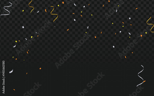Falling vector confetti and curled streamers graphic. Festive element overlay perfect for party invitations, celebrations, holidays, events, or adding a fun touch to designs. Transparent background.