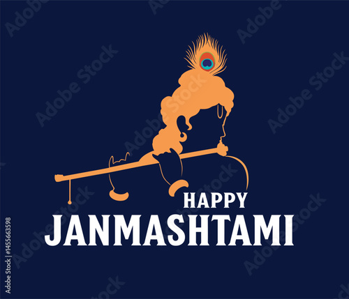Lord Krishna Janmashtami  typography Vector Silhouette | Flute Playing Krishna Artwork | Happy Janmashtami Hindu Festival Design .