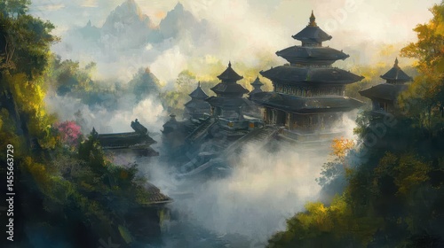 Scenic temple architecture nestled amid misty mountains and lush forests showcasing a serene and mystical natural landscape representation