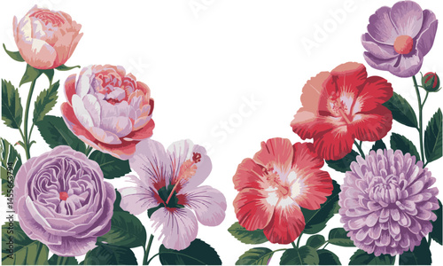 Modern vector-style botanical illustration featuring different realistic flowers. easily scalable and editable
