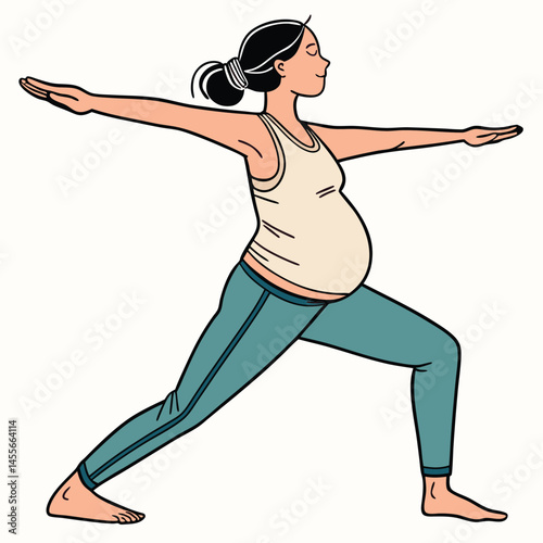 Pregnant woman doing yoga pose with arms extended sideways vector illustration