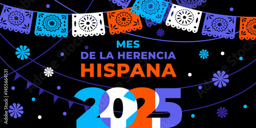 Hispanic heritage month. Vector web banner, poster, card for social media, networks. Greeting in Spanish Mes de la herencia hispana text, Papel Picado pattern, perforated paper on black background