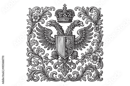 Baroque heraldic crest with intricate floral patterns, ornate crown, and double-headed eagle