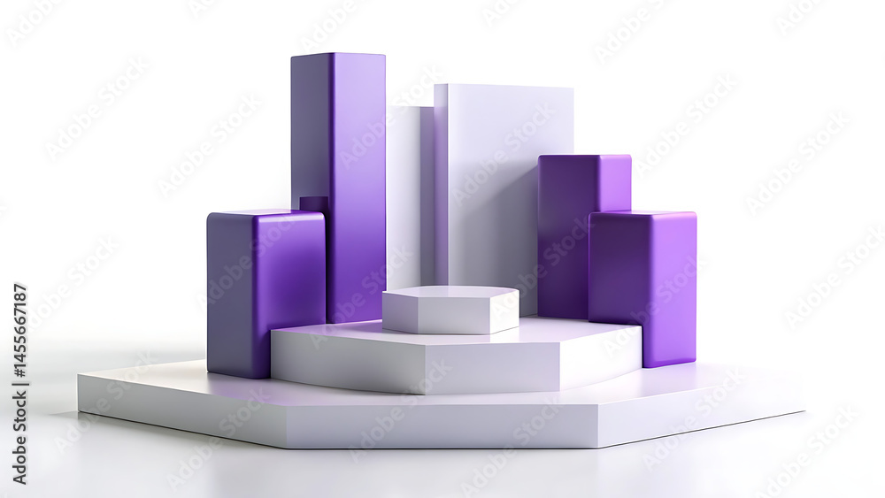 Geometric podiums in purple and white arranged isolated for product presentation Geometric podiums in purple and white arranged isolated for product presentation
