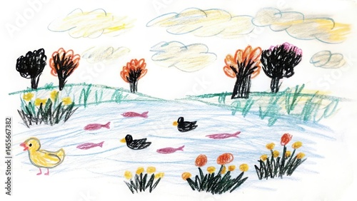 Children's drawing of ducks in a pond with fish and trees nature scene art