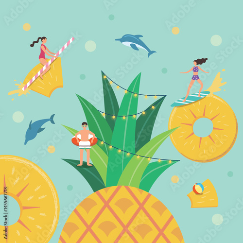Illustration of people and dolphins who swim and enjoy pineapples in summer