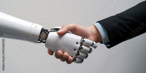 A modern robotic hand extends to shake a human hand showcasing intricate mechanics against a white background with a shadow.