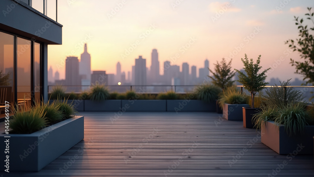 Obraz premium Modern Rooftop Terrace with City Skyline at Sunset