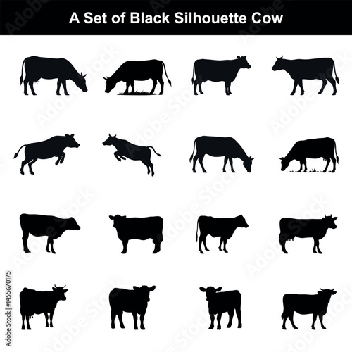 Cow Silhouette Set, Black Isolated Cattle, Farm Animals Vector, Pasture Grazing