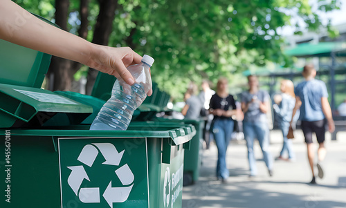 A hand places a used plastic water bottle in a recycling bin marked with a recycling sign while green trees and people are nearby.