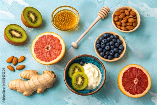 Wallpaper Mural Healthy breakfast with yogurt kiwi grapefruit blueberry almonds ginger and honey on blue background
 Torontodigital.ca