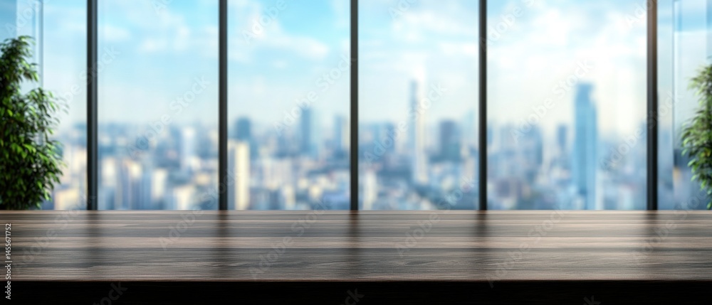 Fototapeta premium Modern Office Interior with Wood Table and City View Background for Product Placement and Presentation