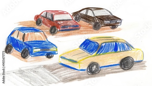 Four colorful cars drawing illustration crayon art kids drawing car design