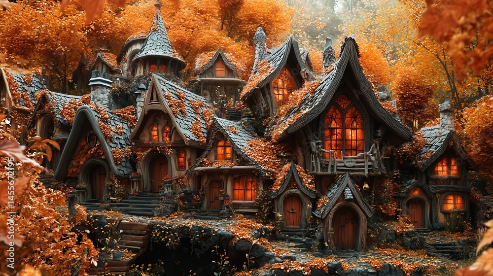 Fototapeta premium Charming Autumnal Village: A whimsical hamlet bathed in fall foliage