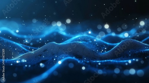 3D Digital Landscape of Glowing Blue Dots Creating Wave-Like Patterns in a Dark Environment at Night