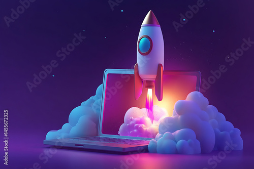 A vibrant rocket launching from an open laptop amidst colorful clouds and a starry background