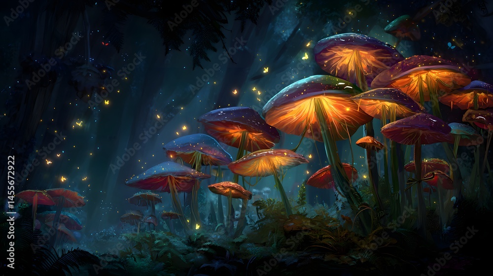 Obraz premium Enchanted Forest A Symphony of Luminous Mushrooms Illuminating the Dark Undergrowth Fantasy Wallpaper Landscape Captivating Serenity in Nature's Embrace A Tranquil Escape