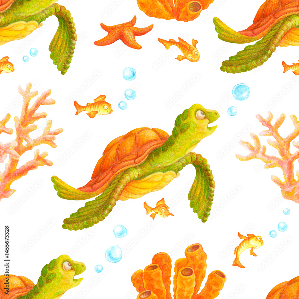 Fototapeta premium Seamless fragment of underwater world pattern with hand drawn sea turtle, fish, corals, starfish and bubbles. Endless summer ornament for bedding, fabric, wallpaper, wrapping paper, textile or prints