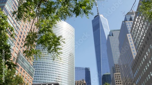 New York City Manhattan, Downtown Financial District architecture, United States. One World Trade Center skyscraper building, USA. American urban street. Freedom tower in NYC. Battery park. Brookfield