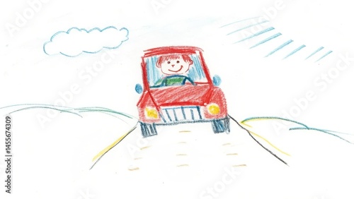 Red car drawing for kids on road with driver and cloud crayon style illustration