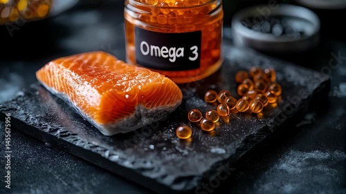 Delicious salmon fillet served with vibrant omega-3 fish roe in a rustic kitchen setting during evening light