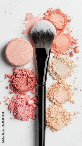 Makeup brush and powder in pink and beige tones on a white background for beauty and fashion concepts
