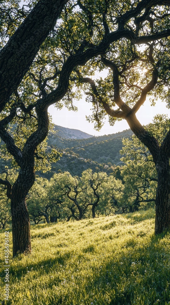 Fototapeta premium Sunlight filtering through the branches of trees in a field creating a peaceful atmosphere