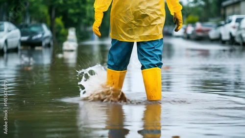 Individual strides through deep water on a flooded street wearing bright yellow rain gear