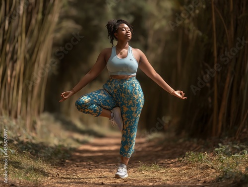 Diversity in exercise & wellness, yoga: Curvy woman doing power yoga pose on hiking trail, strength and outdoor fitness.