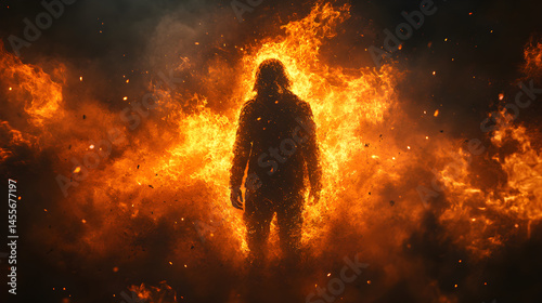 Silhouette of a figure engulfed in dramatic fire flames under harsh lighting, HD realistic