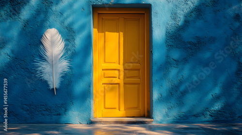 White feather near yellow door and blue wall on a polished floor