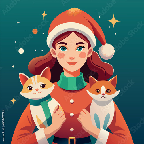 Christmas Girl with Cats
