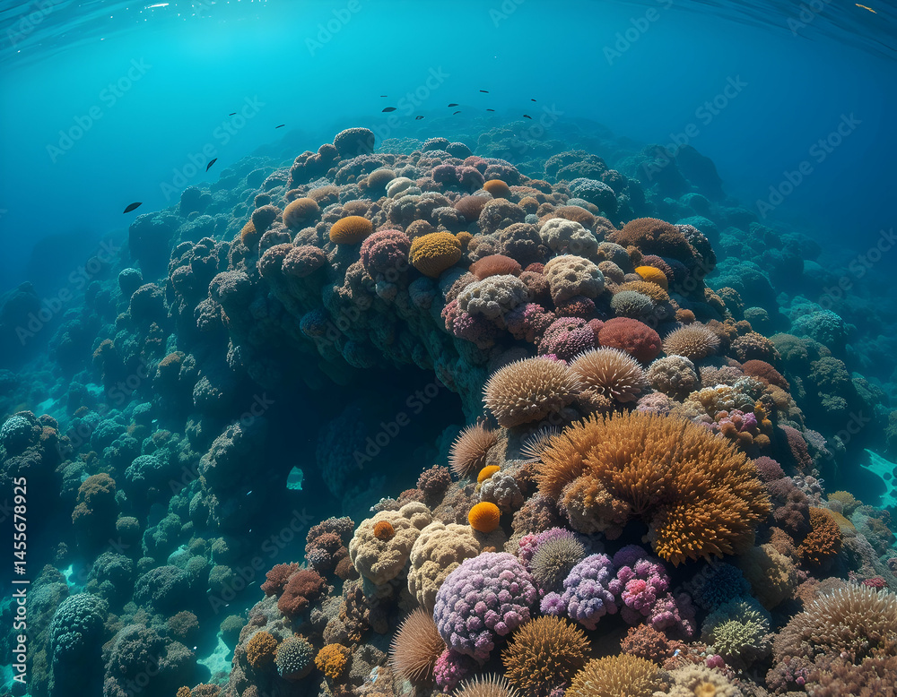 Naklejka premium Colorful Coral Reef Undersea Landscape with Fish Swimming