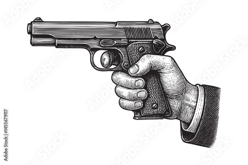 hand holding pistol gun woodcut engraving vector illustration