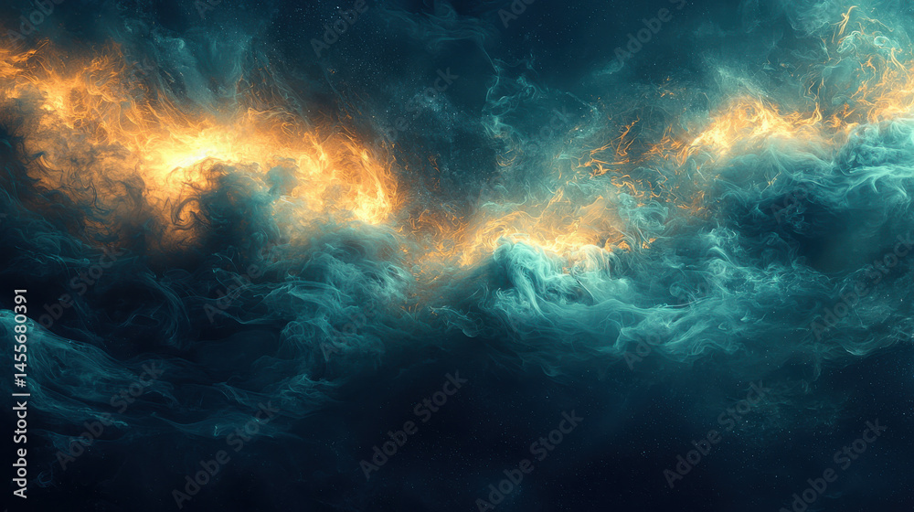 Fototapeta premium A chilling canvas of emerald and sapphire smoke, billowing and swirling against a deep, inky black backdrop. This ethereal, otherworldly scene promises a hint of mystery and dread, perfect for 