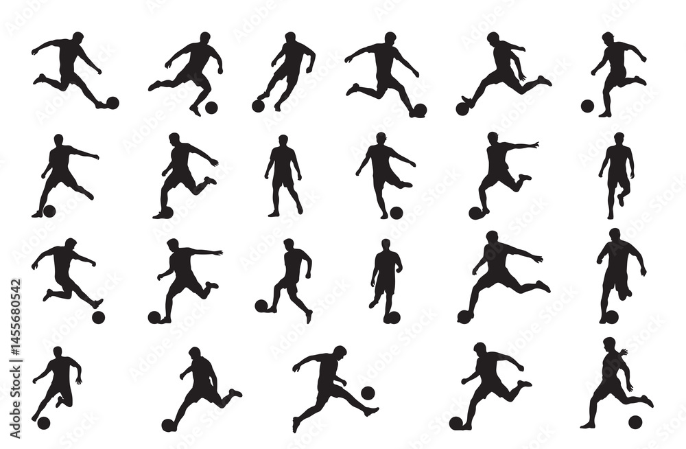 Vector set of soccer player silhouettes kicking the ball in various action poses Vector set of soccer player silhouettes kicking the ball in various action poses