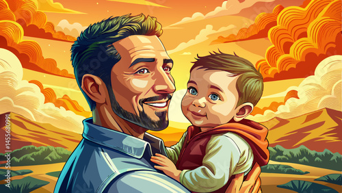 Father holding infant baby in arms, capturing love, happiness vector, and strong family bond. Ideal for parenting, fatherhood, family lifestyle, and happy childhood themes