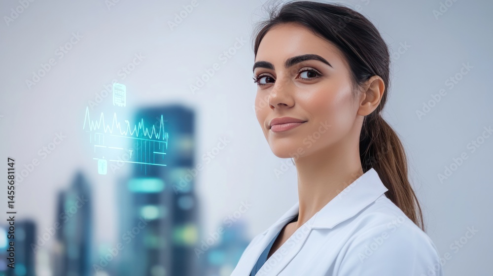 Fototapeta premium Visionary Healthcare: A skilled healthcare professional stands confidently against a futuristic backdrop, symbolizing expertise and innovation in the medical field.