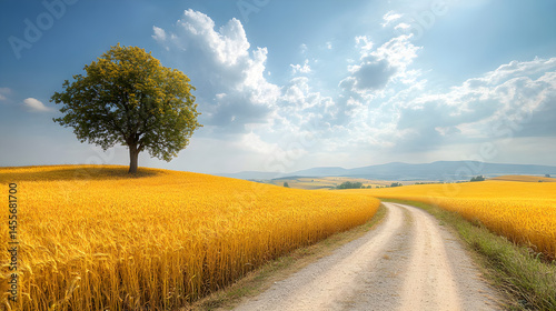 Wide wheat field under blue sky with dirt road and lone tree