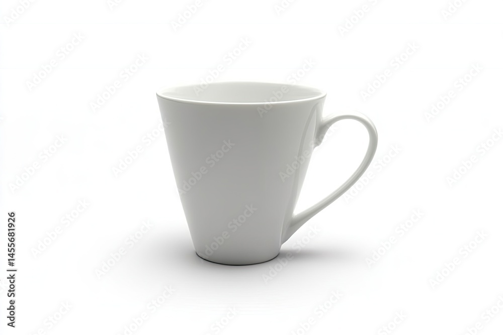 Empty white ceramic mug with a tapered shape and heart-shaped handle Empty white ceramic mug with a tapered shape and heart-shaped handle