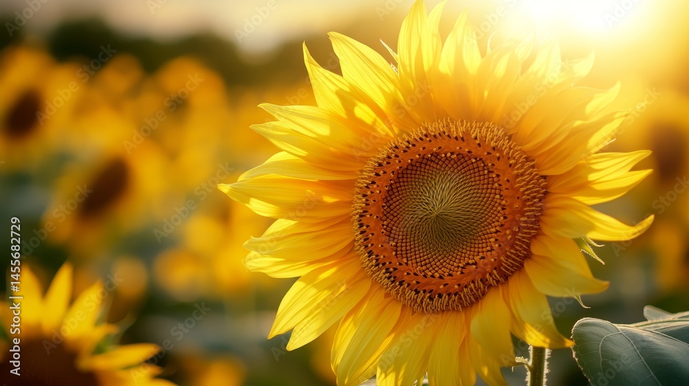 Fototapeta premium Bright Sunflower Blooming in a Golden Field During Sunset Captures the Beauty of Nature's Colors and Textures in Summer