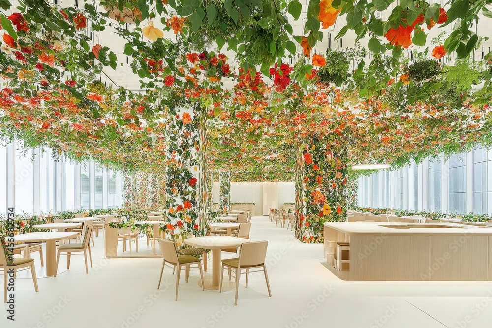 Obraz premium Floral Canopy Restaurant Interior with Tables and Chairs in Elegant Minimalist Style