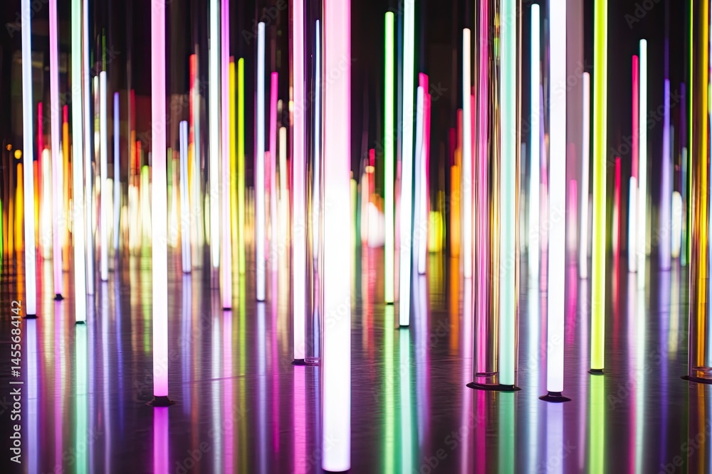 Colorful vertical LED lights create a vibrant, dynamic atmosphere. Multicolored glowing rods stand in a dense forest-like formation, casting reflected light on the dark floor Colorful vertical LED lights create a vibrant, dynamic atmosphere. Multicolored glowing rods stand in a dense forest-like formation, casting reflected light on the dark floor