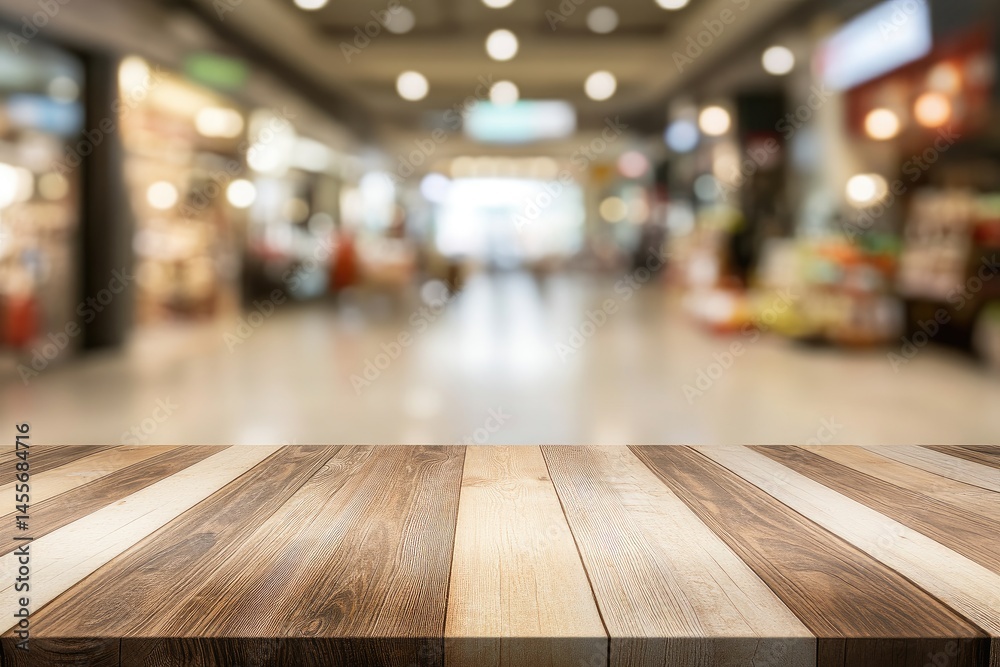 Empty wooden table in a blurred mall interior Empty wooden table in a blurred mall interior