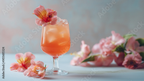 peach hibiscus mocktail in stemmed glass, soft lighting, pastel tones, minimal background