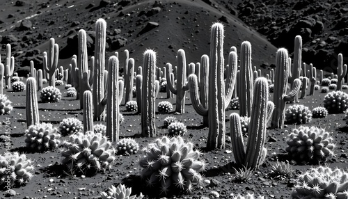 a striking black and white photograph of a cactus garden in lanzarote, canary islands, spain