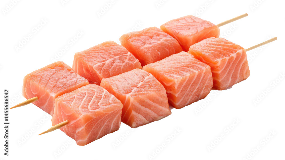 Fresh salmon cubes on skewers, isolated on white, ready for grilling or cooking. vibrant orange color and marbled texture highlight their freshness and quality