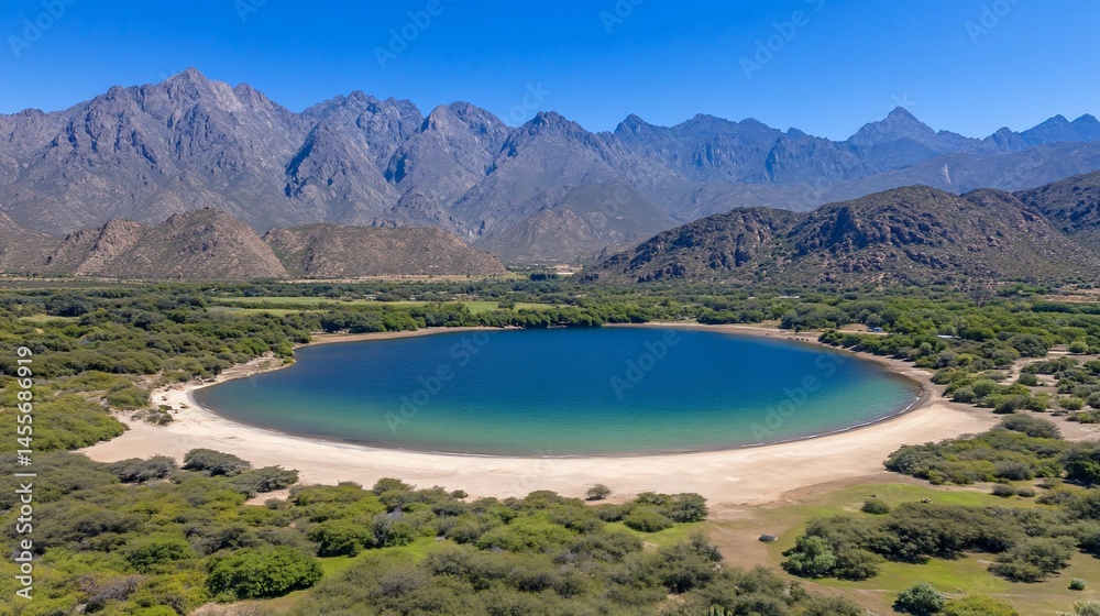 Obraz premium Aerial view of a round lake with turquoise water, sandy shores, and green bushes against a mountain backdrop
